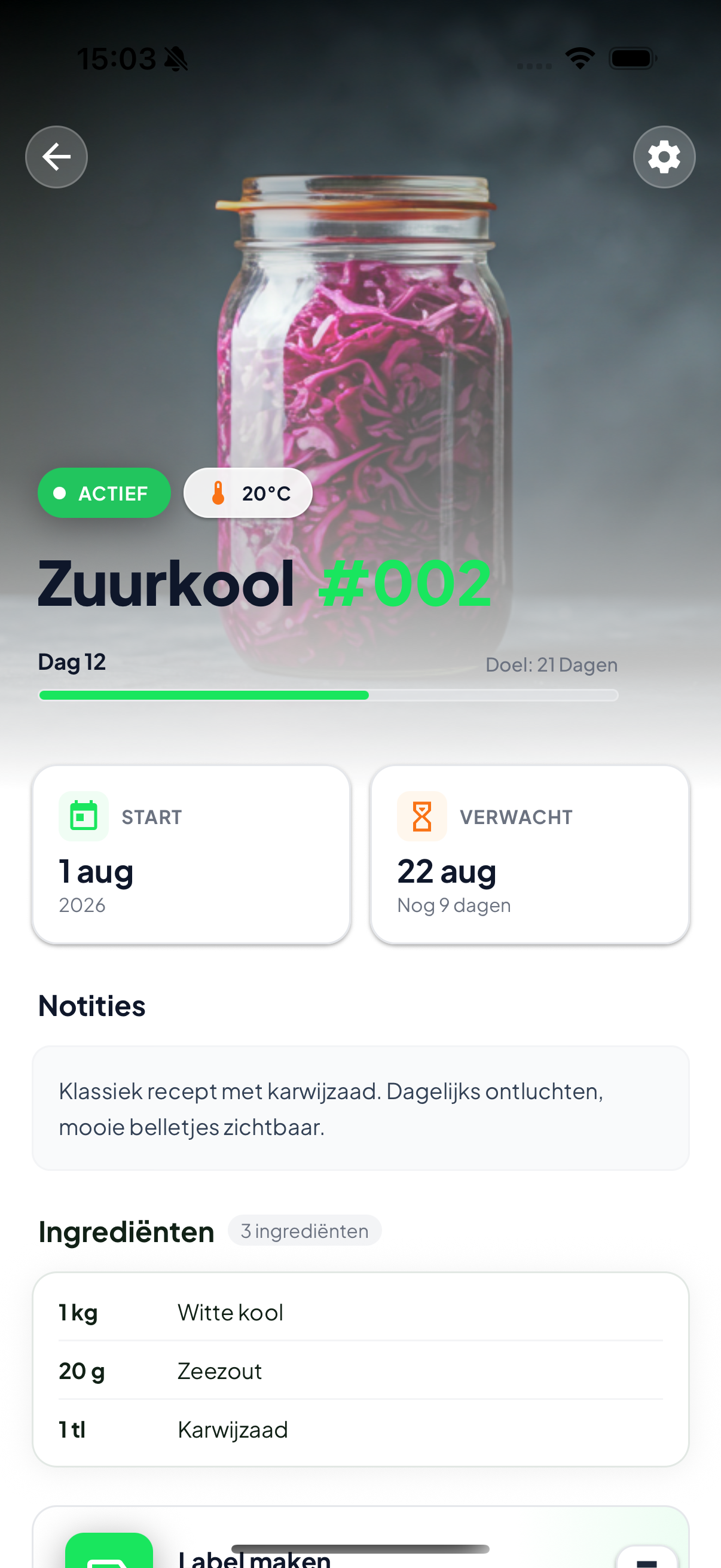 Detail scherm van een fermentatie